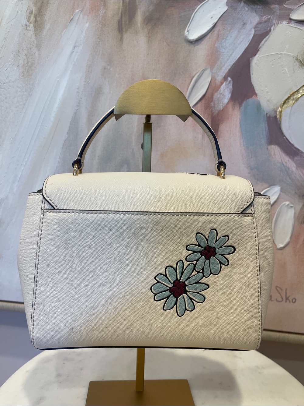 Tory Burch Cream Floral Appliqué Top-Handle Satchel - Picture 4 of 5